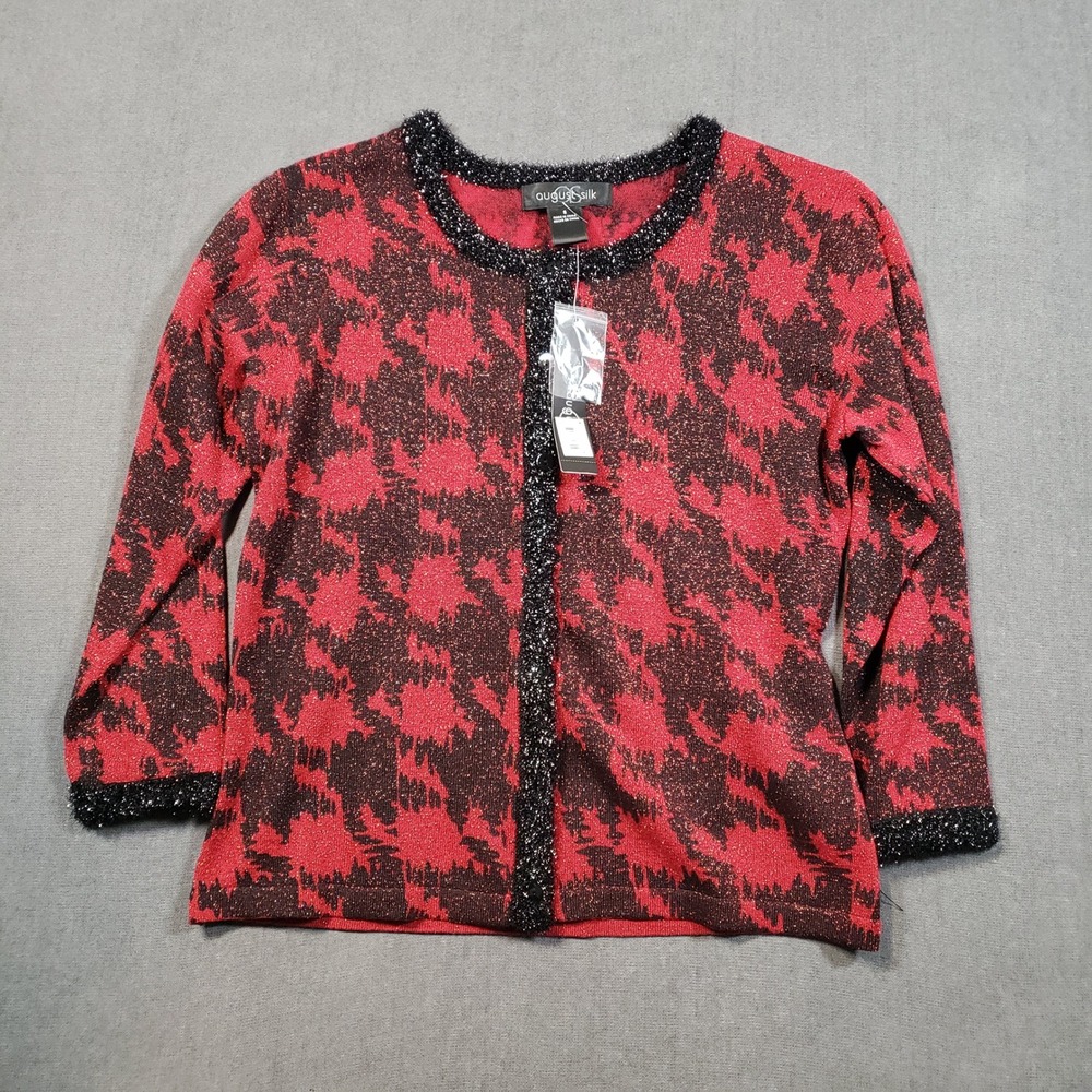 August Silk Cardigan Women S Red Black Metallic Eyelash Trim Knit Sweater